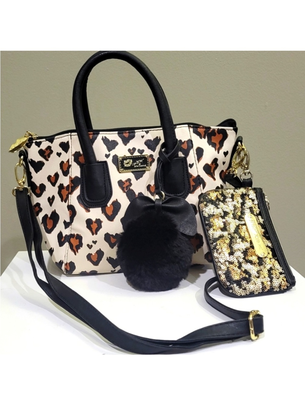 Betsey Johnson Leopard Print Satchel with Black Trim and Gold Sequin Wristlet